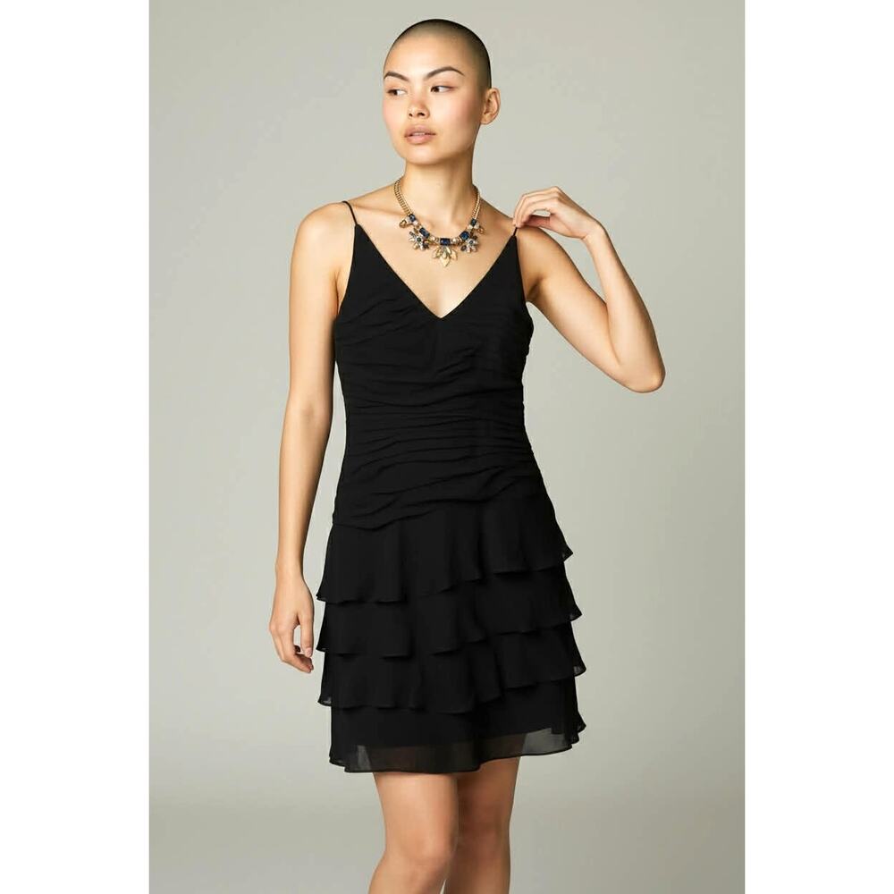 Vintage Kay Unger New York 100% Silk Black Ruffle Party Dress Spaghetti Strap 2